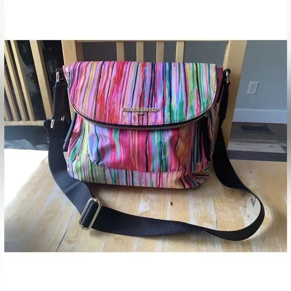 Karl Lagerfeld Paris Crossbody Bag Multi-Color Rainbow Stripes Neon NWOT - Picture 1 of 8